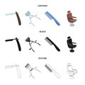 A razor, a mechanical hair clipper, an armchair and other equipment for a hairdresser.Barbershop set collection icons in