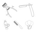 A razor, a mechanical hair clipper, an armchair and other equipment for a hairdresser.Barbershop set collection icons in