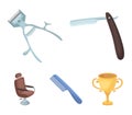 A razor, a mechanical hair clipper, an armchair and other equipment for a hairdresser. Barbershop set collection icons in