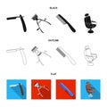 A razor, a mechanical hair clipper, an armchair and other equipment for a hairdresser.Barbershop set collection icons in