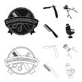 A razor, a mechanical hair clipper, an armchair and other equipment for a hairdresser.Barbershop set collection icons in