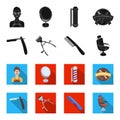 A razor, a mechanical hair clipper, an armchair and other equipment for a hairdresser.Barbershop set collection icons in