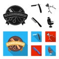 A razor, a mechanical hair clipper, an armchair and other equipment for a hairdresser.Barbershop set collection icons in