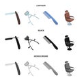 A razor, a mechanical hair clipper, an armchair and other equipment for a hairdresser.Barbershop set collection icons in