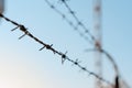 Razor wire. Rusty metal barbered wire on a border check point. Wire fence around military or infrastructure objects. Close up of a