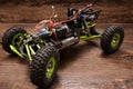 Rc car model toy on wooden background