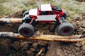 Rc car roading on wooden beams above hollow Royalty Free Stock Photo