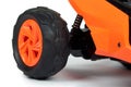 RC model rally, off road race buggy close up detail. Macro car shock absorbers