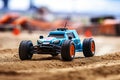 RC racing toy car parked at sand off-road track. Generative AI