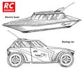 RC transport, remote control models. toys design elements for emblems. boat or ship and car or machine. revival radios