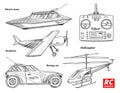 RC transport, remote control models. toys design elements for emblems. boat or ship and car or machine. revival radios