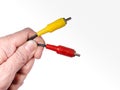 RCA connector in the hand. Audio and video wire Royalty Free Stock Photo