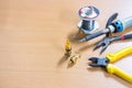 RCA jack and tool on the table Royalty Free Stock Photo