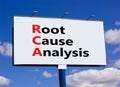 RCA root cause analysis symbol. Concept words RCA root cause analysis on beautiful big billboard. Beautiful blue sky cloud Royalty Free Stock Photo