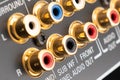 RCA sockets of audio surround receiver amplifier. Macro shot Output audio connectors
