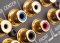 RCA sockets of audio surround receiver amplifier. Macro shot Output audio connectors