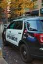 RCMP vehicle stopped on a street. View of Vancouver RCMP police car. The Metro Vancouver Transit Police RCMP cruiser Royalty Free Stock Photo