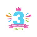 3rd anniversary colored logo design, happy holiday festive celebration emblem with ribbon vector Illustration