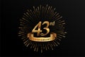 43rd anniversary logotype with fireworks and golden ribbon, isolated on elegant background. vector anniversary for celebration,