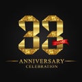 33rd anniversary years celebration logotype. Logo ribbon gold number and red ribbon on black background.