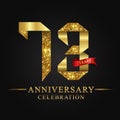 73rd anniversary years celebration logotype. Logo ribbon gold number and red ribbon on black background.