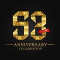 53rd anniversary years celebration logotype. Logo ribbon gold number and red ribbon on black background.