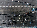 23rd of April 2023, Belgrade, Serbia. Shot of a group of young men running a marathon. Aerial drone photo.