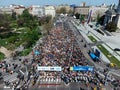 23rd of April 2023, Belgrade, Serbia. Shot of a group of young men running a marathon. Aerial drone photo.