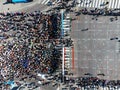 23rd of April 2023, Belgrade, Serbia. Shot of a group of young men running a marathon. Aerial drone photo.