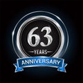 63rd birthday logo with silver ring and blue ribbon, Vector design template elements for anniversary celebration, wedding, jubilee Royalty Free Stock Photo