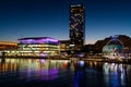 Night view of Darling Harbour with Sofitel hotel and the International Convention Centre in Sydney NSW Australia Royalty Free Stock Photo