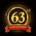 63rd golden anniversary logo with ring and red ribbon. Vector design template elements for your birthday celebration Royalty Free Stock Photo