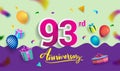 93rd Years Anniversary Celebration Design, with gift box and balloons, ribbon, Colorful Vector template elements for your birthday