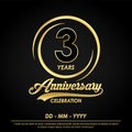 3rd years anniversary celebration emblem. anniversary logo with elegance of golden ring on black background, vector illustration Royalty Free Stock Photo
