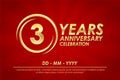 3rd years anniversary celebration emblem. anniversary logo with ring and elegance of golden on red background, vector illustration Royalty Free Stock Photo