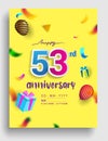 53rd Years Anniversary invitation Design, with gift box and balloons, ribbon, Colorful Vector template elements for birthday