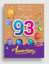 93rd Years Anniversary invitation Design, with gift box and balloons, ribbon, Colorful Vector template elements for birthday