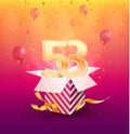 53rd years anniversary vector design element. Isolated fifty-three years jubilee with gift box, balloons and confetti on