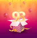 93rd years anniversary vector design element. Isolated ninety-three years jubilee with gift box, balloons and confetti