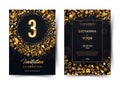 3rd years birthday vector black paper luxury invitation double card. Three years wedding anniversary celebration