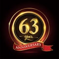 63rd years celebration anniversary logo with golden ring and red ribbon Royalty Free Stock Photo