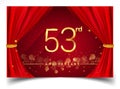 53rd years golden anniversary logo with glowing golden colors isolated on realistic red curtain, vector design for greeting card,