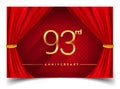 93rd years golden anniversary logo with glowing golden colors isolated on realistic red curtain, vector design for greeting card,
