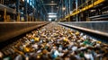 RDF Conveyor Belt, A conveyor belt moves refuse-derived fuel in a recycling facility, showcasing the active sorting and Royalty Free Stock Photo