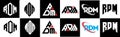 RDM letter logo design in six style. RDM polygon, circle, triangle, hexagon, flat and simple style with black and white color Royalty Free Stock Photo