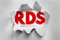 RDS text with remote desktop services theme revealed by torn paper, representing virtual workspaces, remote computing, server Royalty Free Stock Photo