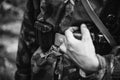 Re-enactor Dressed As World War II German Wehrmacht Soldier Holds His Hands On A Cartridge Belt. Details Of German