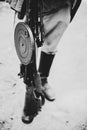 Re-enactor Dressed As World War II Soviet Russian Red Army Soldier Holding World War II Weapon Degtyaryov DP Machine Gun