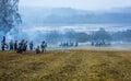 Re-enactors on the Brill battlefield for the reconstruction of the 1812 battle of the Berezina river , Belarus.