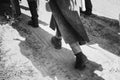 Re-enactors Dressed As World War II Russian Soviet Red Army Soldiers Goes Along Road. Photo In Black And White Colors Royalty Free Stock Photo